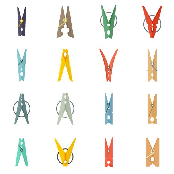 illustrations, cliparts, dessins animés et icônes de icônes d’épingles à linge définies à vecteur plat isolé - pince à linge