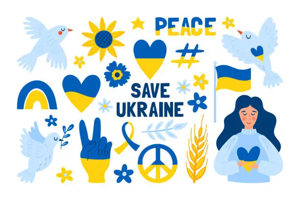 Vector illustration of Save Ukraine element set. Peace concept with Ukraine national flag, pigeon and heart shape. Childish print for stickers, poster and banner design