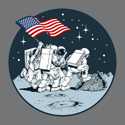 Raising the flag on the Moon. Astronauts with American flag on another planet. Comic book style vector illustration.