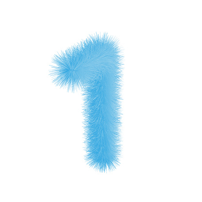 Soft and realistic feathers. Number 1 with blue fluffy hair isolated on white background.