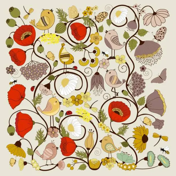 Vector illustration of Floral pattern with cute butterflies and birds