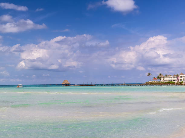 멕시코, 칸쿤, 이슬라 무제레스, 야자수와 모래가 있는 플라야 노르테 해변이 관광객을 기다리고 있습니다. - isla mujeres mexico beach color image 뉴스 사진 이미지