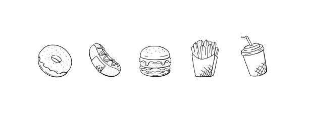 ilustrações, clipart, desenhos animados e ícones de conjunto de fastfood. ilustração vetorial. alimentos não saudáveis desenhados à mão - hamburger refreshment hot dog bun