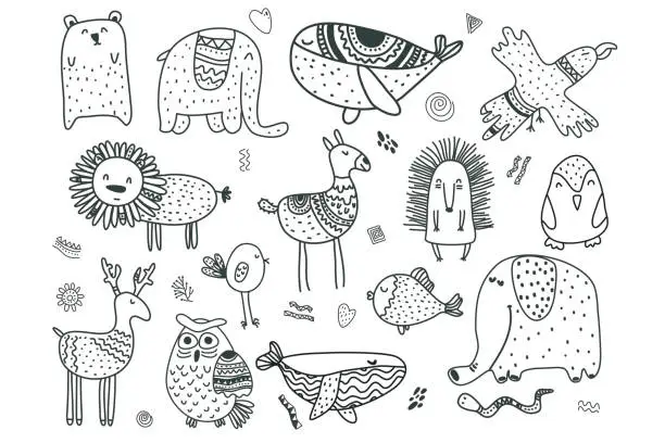 Vector illustration of Scandinavian childrens animals and elements. Scandi style doodle animals black and white vector set.