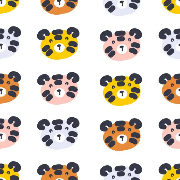 Vector illustration of Hand drawn seamless pattern with cute tiger faces. Perfect for T-shirt, textile and print. Cartoon style vector illustration for decor and design.