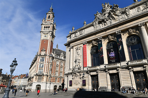 Lille, France-02 28 2022:The Lille Opera house and the Belfry of the Hauts-de-France region Chamber of commerce, France.