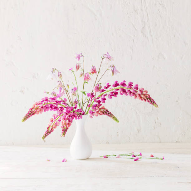 istock pink summer flowers in white vase on white old background 1384871589