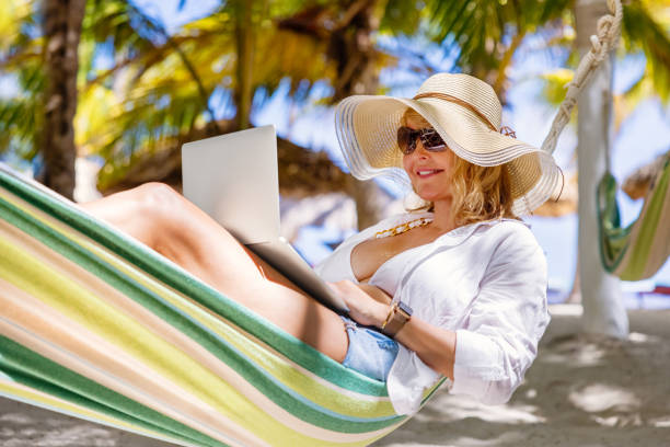 istock Woman lying in hammock on tropical beach and using laptop 1384871746
