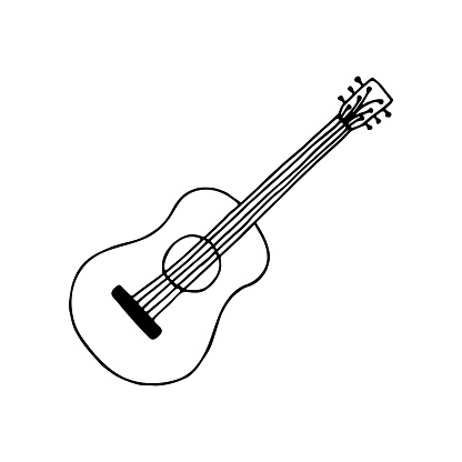 Hand drawn doodle acoustic guitar. Vector clipart. Outline. Musical instrument.
