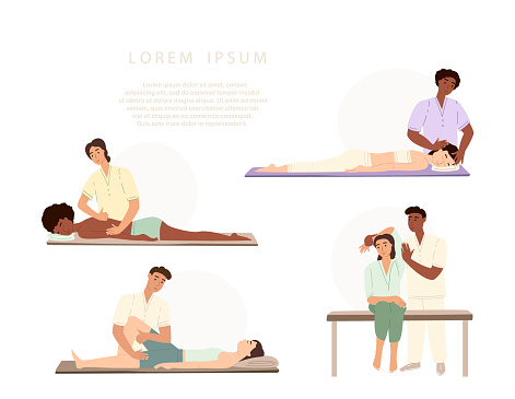 Collection of osteopaths performing treatment manipulations or massaging their patients. Set of specialists in osteopathy, chiropractic or manual therapy. Vector illustration in flat cartoon style.