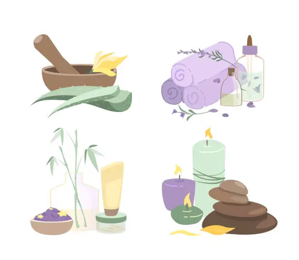 Vector illustration of Set of Tools,Spa Procedures Care.Glass bottles with organic beauty product,aloe,hot stones,lavender towel,serum essences,candle for wellness salon.Flat vector illustration isolated on white background