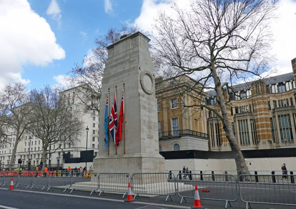 Cenotaph, Whitehall, London, 2022. The Cenotaph is a war memorial on Whitehall.  It was erected in 1920 as a  permanent structure and designated the United Kingdom's official national war memorial