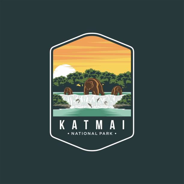 ilustrações de stock, clip art, desenhos animados e ícones de katmai national park patch icon illustration on dark background - katmai national park