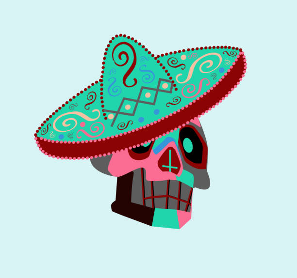 솜브레로, 장식 세부 사항, 파란색 배경에 고립 된 다채로운 멕시코 두개골. 죽은 자의 날. - day of the dead skull tattoo mexico stock illustrations