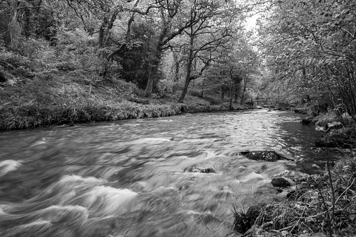 Long exposure of the East Lyn river flowing through the woods at Watersmeet in Exmoor National Park in autumn