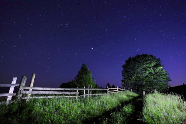 Fantastic view at the starry sky. Wood illuminated lantern at twilight. Dramatic and picturesque scene. Location place Carpathian, Ukraine, Europe. Beauty world. Artistic picture. Astrophotography.