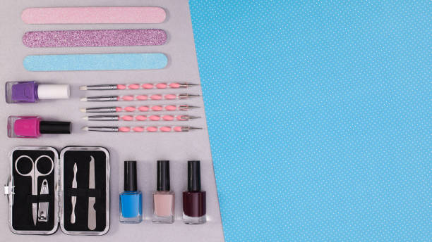 istock Nail manicure accessories crative background with copy space. Flat lay 1384886544