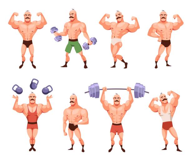 illustrations, cliparts, dessins animés et icônes de personnage de bodybuilder de dessin animé posant. drôle d’homme fort avec moustache démontre les muscles, athlète de cirque dans différentes poses, mascotte rétro avec haltère, ensemble isolé de vecteur d’entraînement de gymnastique - strongman