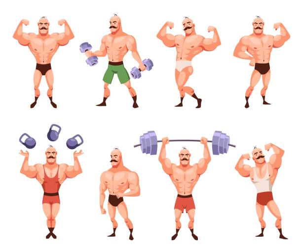 Cartoon bodybuilder character posing. Funny strong man with moustache demonstrates muscles, circus athlete in different poses, retro mascot with dumbbell, gym training vector isolated set Cartoon bodybuilder character posing. Funny strong man with moustache demonstrates muscles, circus athlete in different poses, retro mascot with dumbbell, male sport, gym training vector isolated set body building stock illustrations