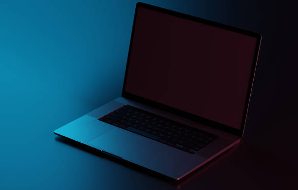 istock Laptop with blank display to be completed on dark background. Concept of adding content to your computer. 1384886883