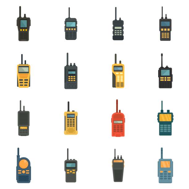 Walkie talkie icons set flat vector isolated Walkie talkie icons set. Flat set of walkie talkie vector icons isolated on white background radio stock illustrations