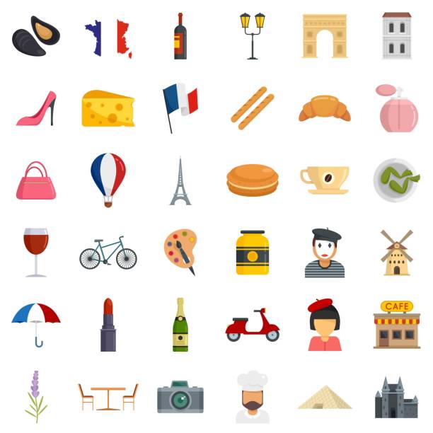 france icons set flat vector isolated - fransız mutfağı stock illustrations