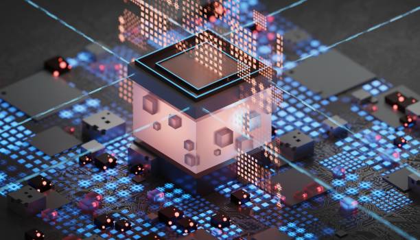 istock Electronic circuit board close up, computer chip, mother board with neon lights, 3D rendering illustration. 1384888433