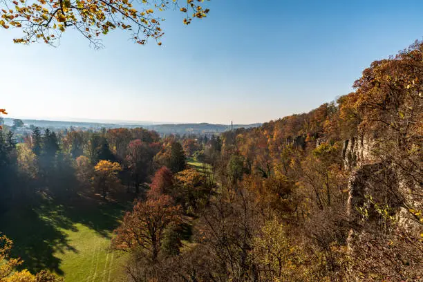 View from Doskocilova vyhlidka above Chocen towin in Czech republic during autumn day with clear sky