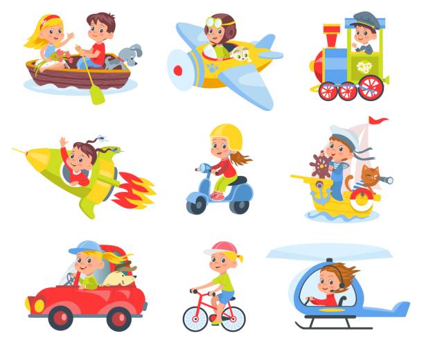 ilustrações de stock, clip art, desenhos animados e ícones de kids drivers and pilots. cute children in colorful childish transport, smiling boys and girls driving helicopters and planes, rockets and cars, ships and boats vector cartoon flat set - smiling aeroplane