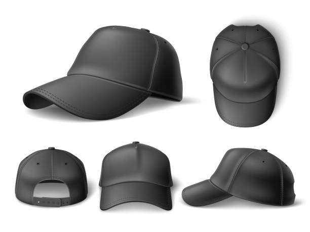 istock Realistic baseball cap mockup. 3d black sports and casual headgear object, trendy clean model different view angles. Top, front and side, marketing branding template vector isolated set 1384890940