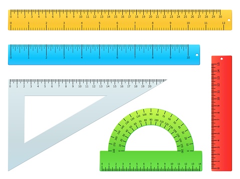 Realistic rulers. Different school accessories. Measuring length and angles. Various units meter. Straight lines. Protractor and square. Centimeter and millimeter measurement. Vector stationeries set