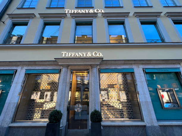 Tiffany & Co. Store Munich, Bavaria Germany - February 22, 2022: Tiffany and Co. high end jewelry fashion store, shop front logo. goldco prices stock pictures, royalty-free photos & images