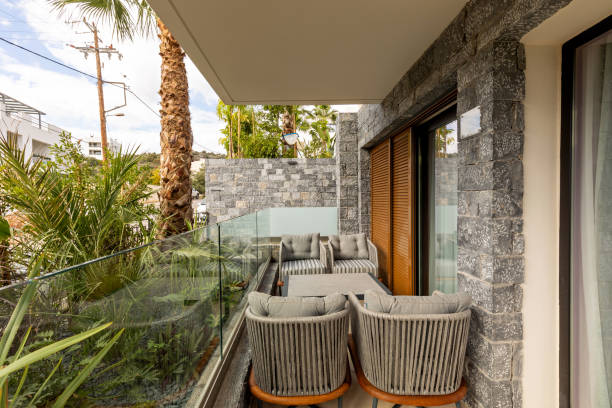 istock Hotel resort apartment terraces with armchairs and table 1384894255