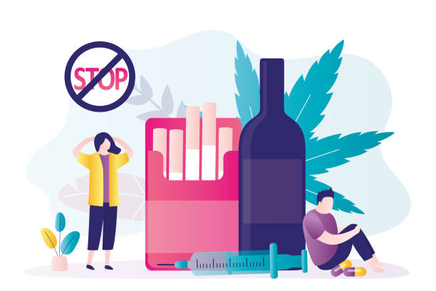 Man cannot cope with drug and alcohol addiction. Girl shocked by what she saw. Male character abuse nicotine and narcotic substances Man cannot cope with drug and alcohol addiction. Girl shocked by what she saw. Male character abuse nicotine and narcotic substances. Concept of alcoholism and narcology. Flat vector illustration stop narcotics stock illustrations