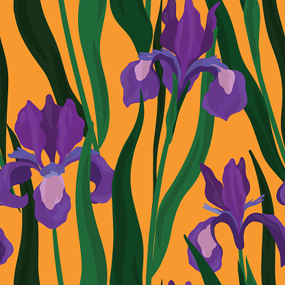 Seamless pattern with grass and irises on a yellow background. Summer floral print with purple decorative flowers, green leaves. Field, meadow surface with hand-drawn plants. Vector illustration.