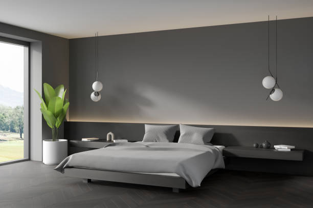 istock Grey bedroom interior with bed and lamps, panoramic window. Mockup 1384898641