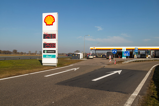 Staphorst, The Netherlands, March 10, 2022; High fuel prices at the gas stations along the highway.