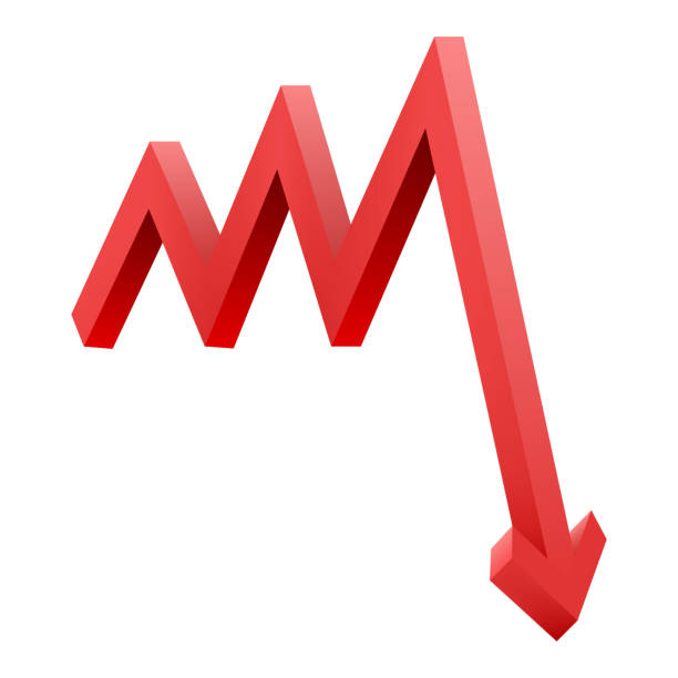 危機を示す下向きの赤い矢印。グラフの下のアイコン。白い背景に分離されたリアルな 3d ベクトルのイラスト - exchange rate decline loss graph点のイラスト素材／クリップアート素材／マンガ素材／アイコン素材