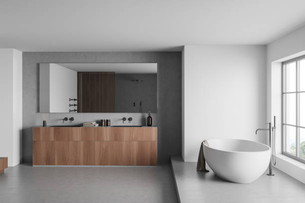 istock Light washing interior with sink and bathtub, panoramic window 1384900159
