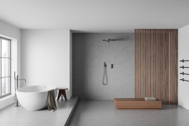 istock Bright bathroom interior with shower, bathtub, window, wooden partition, bench 1384900174