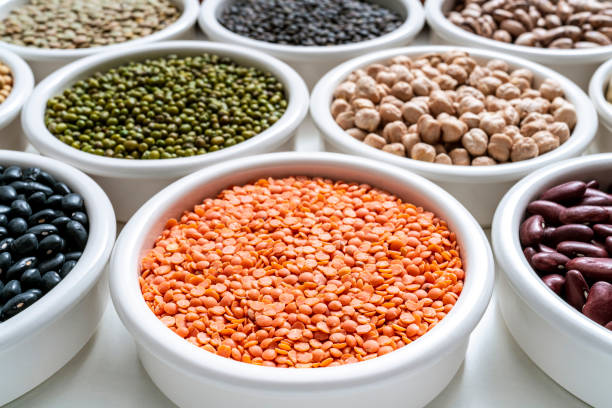 red lentils dried legumes assorted in many bowls on white background perspective - lentil full frame macro close up imagens e fotografias de stock