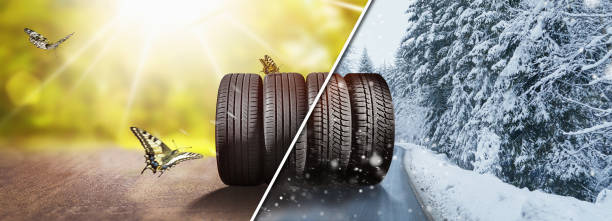 swap winter tires for summer tires - time for summer tires - street fog profile imagens e fotografias de stock