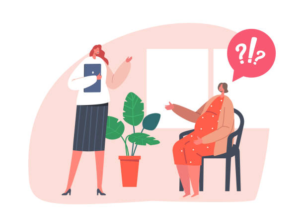 ilustrações de stock, clip art, desenhos animados e ícones de pregnant woman with big belly visiting perinatal courses with psychological support. coach and pregnant female discuss - human pregnancy midwife healthcare and medicine visit