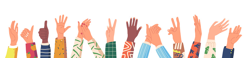 Diverse Human Hands Row Show Different Gestures, Male Female Characters Arms Gesturing, Expressing Emotions with Palms and Fingers Clap, Thumb Up, Victory, Waving. Cartoon People Vector Illustration