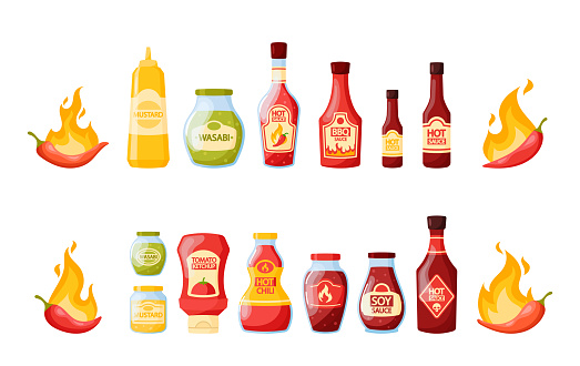 Set of Hot Sauces in Jars and Bottles, Savory Condiments with Spice Chilli or Jalapeno Ingredients. Red Chili Pepper in Fire, Wasabi, Mustard in Tube, Bbq or Soy Sauce. Cartoon Vector Illustration