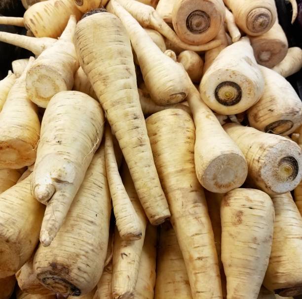 istock Pile of farm fresh raw parsnips ready for purchase. 1384902025