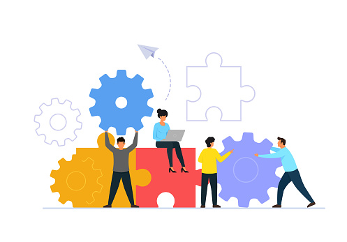 Vector illustration of teamwork concept. People characters working with giant puzzle and gears. Team building. Solving problem.