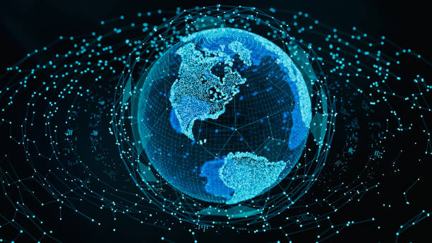 abs hologram globe mapa świata - computer network satellite view planet communication zdjęcia i obrazy z banku zdjęć