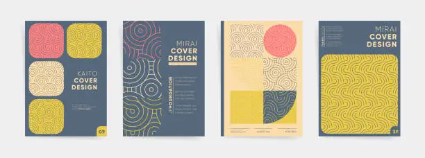 Vector illustration of Geometric asian design template set. Japanese wavy graphic layouts bundle  for poster, brochure, book cover, flyer, catalog, notebook, vertical background. Decorative fashion bauhaus geometry kit.