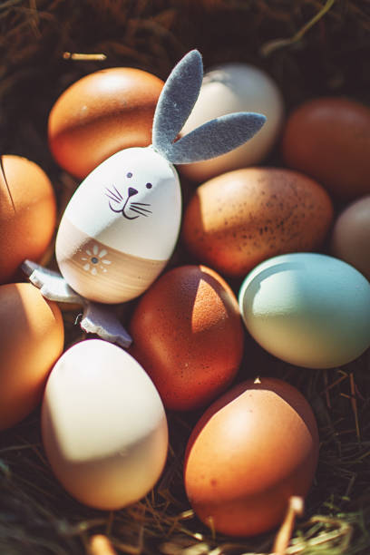 wielkanocna dekoracja z wykonanym zajączkiem wielkanocnym - craft eggs easter animal egg zdjęcia i obrazy z banku zdjęć